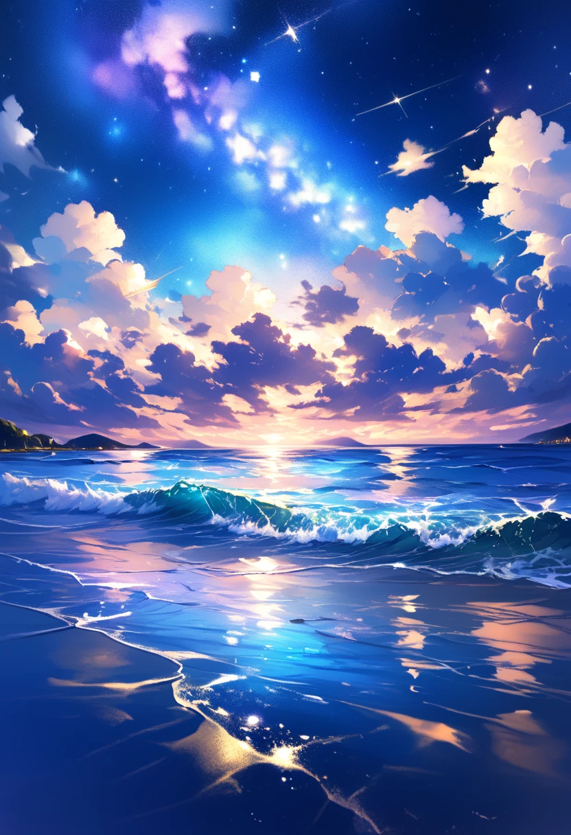 a beautiful night sky with stars, clouds, and the sea