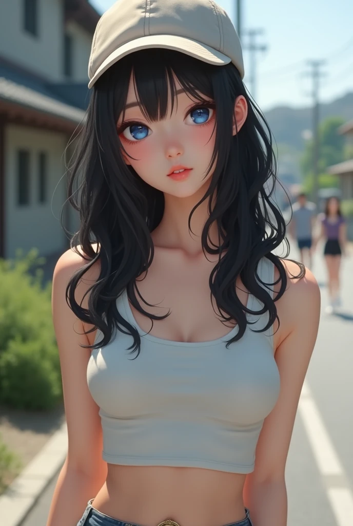 solo, sly smile, very long disheveled brown hair with a dark purple tint, Young girl, perfect brown eyes, expressive eyes, looking at viewer, 8k wallpaper, perfect lighting, masterpiece, (Beautiful small Breasts:1.2), (slender girl), (on the street in small town:1.3), summer day, band on the head in the form of cat ears, denim low-waist microshort, loose cropped sweater with open shoulders, parororo, ariawm, mfbp, long strand of hair hangs curls down between eyes
