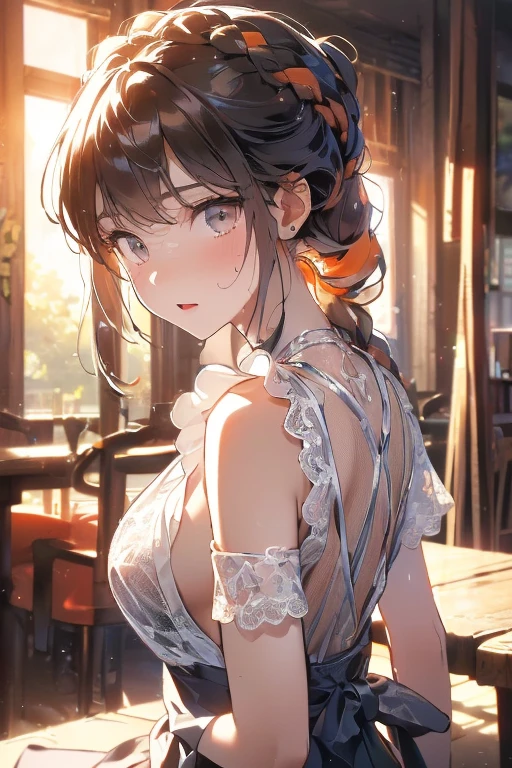 One girl, White dress,ponytail , Almond Eye, Depth of written boundary, night, Particles of light, light, Side light,Sit on a bench, Fantasy art,Close up of face