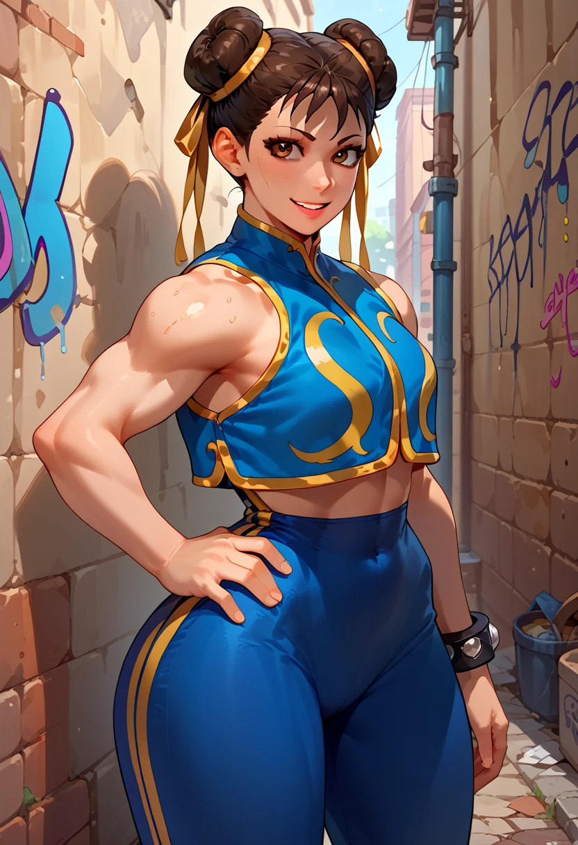 score_9, score_8_up, score_7_up, score_6_up, source_cartoon, BREAK masterpiece. CHUNLIAL, brown eyes, double bun, yellow ribbon, blue jumpsuit, crop top, sleeveless, breasts, hand on own hip, looking at viewer, smile, parted lips, back, back view, smile, parted lips, alley, concrete wall, graffiti,