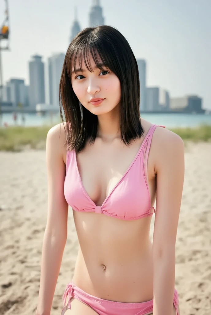  boobs，Completely naked，Nipples，naked，naked， She has a body like a bomb 、Standing in a bikini swimsuit ,    poses as a fashion model but turns pale, (  beach  ),   beautiful details  ,  face ,Take off your pink swimsuit，