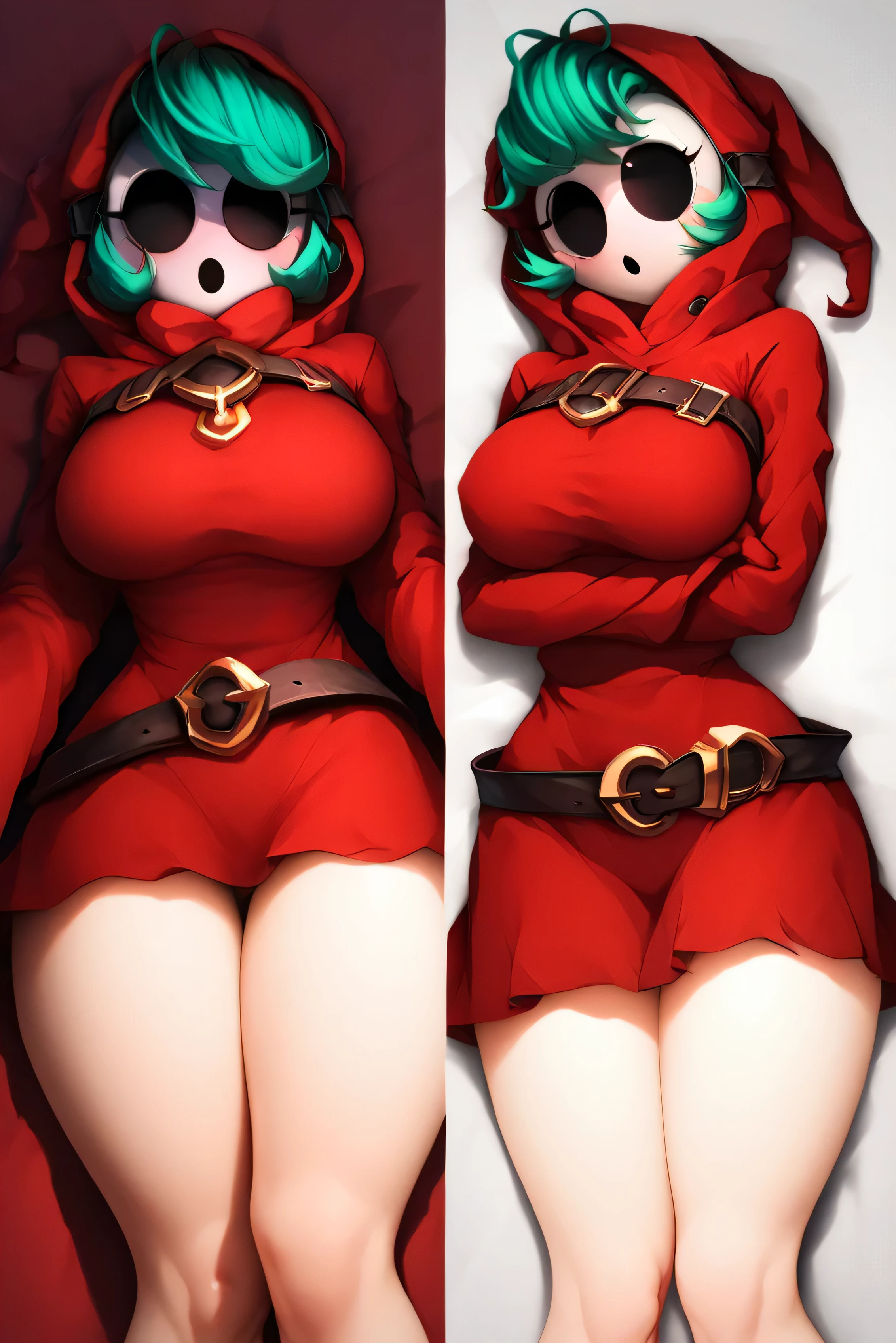 ((shy)), sfw, Dakimakura sleeves below the wrists, white mask, happy,  looking at the spectator, colorful, eyelashes, Gloves, (round eyes,  open eyes ), (breasts,  wide hips,  thick thighs), [big breasts,  chest crush ], (Faceless),  green hair,  black eyes, No nose, 1 girl, Alone, [[ belt]], ((red hood), red skirt, hood, white thighs), clear image,  detailed image ,  Detailed face,  perfect lighting, Perfect shadows,  perfect face , ( detailed background ,  depth of field ), (4k, , shading, absurd res), 