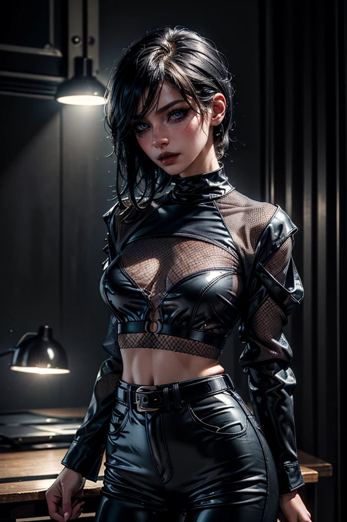 cowboy shot,a pretty 21 year old girl,back hair,short hair, hair over one eye,blue eyes,lora_Emma,skinny body type, (((very long sleeved black mesh shirt))),(covered torso),(very high-waist black ultra glossy and shiny latex pants),(belt),empty studio,(best quality,4k,8k,highres,masterpiece:1.2),ultra-detailed,(realistic,photorealistic,photo-realistic:1.37),dramatic lighting,cinematic,fashion photography,studio lighting,high contrast,vivid colors,beautiful detailed eyes,beautiful detailed lips,extremely detailed eyes and face,long eyelashes