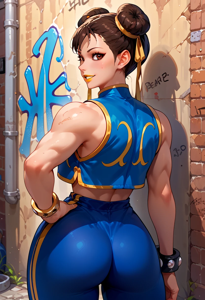 score_9, score_8_up, score_7_up, score_6_up, source_cartoon, BREAK masterpiece. CHUNLIAL, brown eyes, double bun, yellow ribbon, blue jumpsuit, crop top, sleeveless, breasts, hand on own hip, looking at viewer, smile, parted lips, back, rear view, smile, parted lips, alley, concrete wall, graffiti, anime style, yellow lipstick