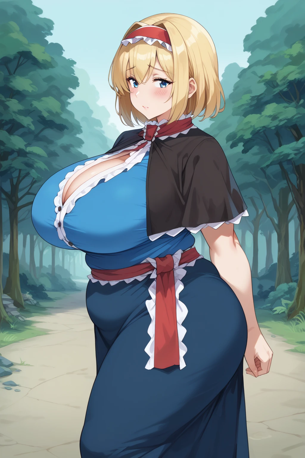  Alice Margatroyd, alice margatroid,  medium hair up to buttocks,  blonde hair ,  blue eyes, ,Red Hairband, , Frilled Headband , Red waist wrap with white frills ,　 Blue Dress ,
 white capelets ,  Blue Dress ,  Blue Long Skirt ,  score_9,   score_8_up,   score_7_up,   score_6_up,   score_5_up,   score_4_up,     masterpiece   ,   top quality,   very aesthetic,   absurd,   source_Anime, Anime screencap,   one woman , Alone,  personal  ,  super huge breasts, ((( super huge clevis, super huge , super huge boob))), Curvy,  chubby, Mature Woman,  obese body type, blush, Shy woman,  stomach flesh sticking out of clothes,　 sloppy stomach , Three-section abdomen, Plump belly,  walking through the woods ,  I'm in the dark woods, Road in the dark woods ,  in a creepy forest , I'm worried about belly fat ,  cleavage enhancement pose