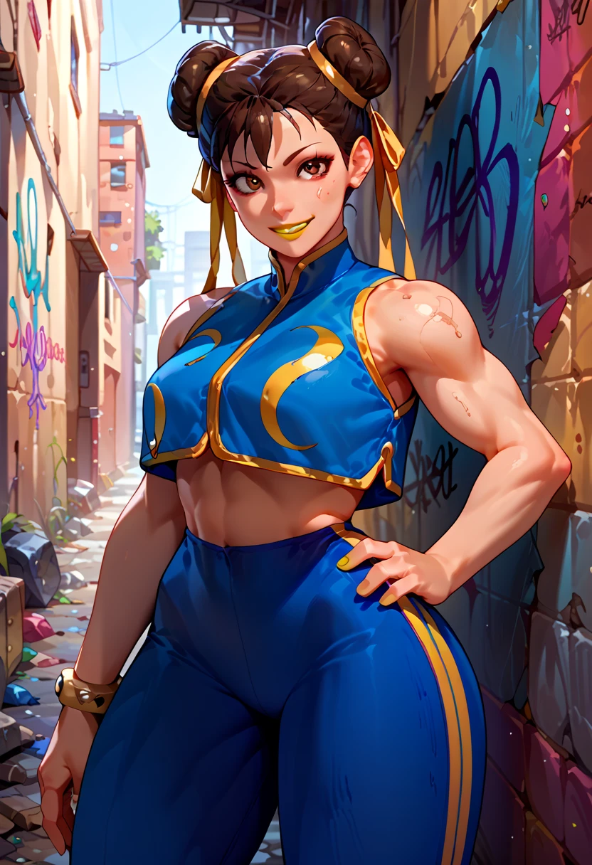 score_9, score_8_up, score_7_up, score_6_up, source_cartoon, BREAK masterpiece. CHUNLIAL, brown eyes, double bun, yellow ribbon, blue jumpsuit, crop top, sleeveless, breasts, hand on own hip, looking at viewer, smile, alley, concrete wall, graffiti, anime style, yellow lipstick