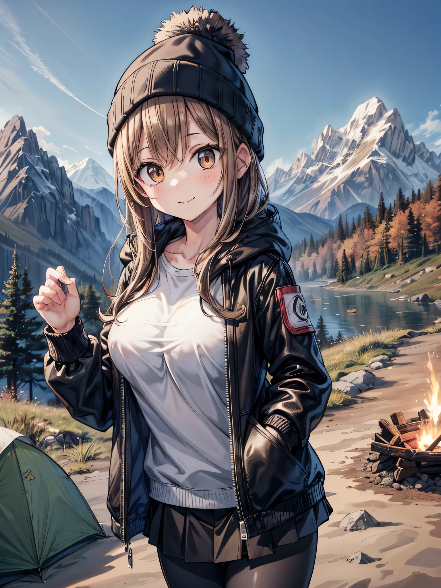 ( Masterpiece, 4k,  ultra high quality,  well detailed ), a beautiful woman next to a mountain enjoying a day of camping,  long hair , straight hair,  brown hair , brown eyes,  beautiful eyes , detailed face, Beautiful face,  smiley face,  big breasts , juicy breasts, ( shirtless ),  short skirt , black jacket, white beanie hat, leggings, autumn, camping tent, bonfire, background of a mountainous landscape 