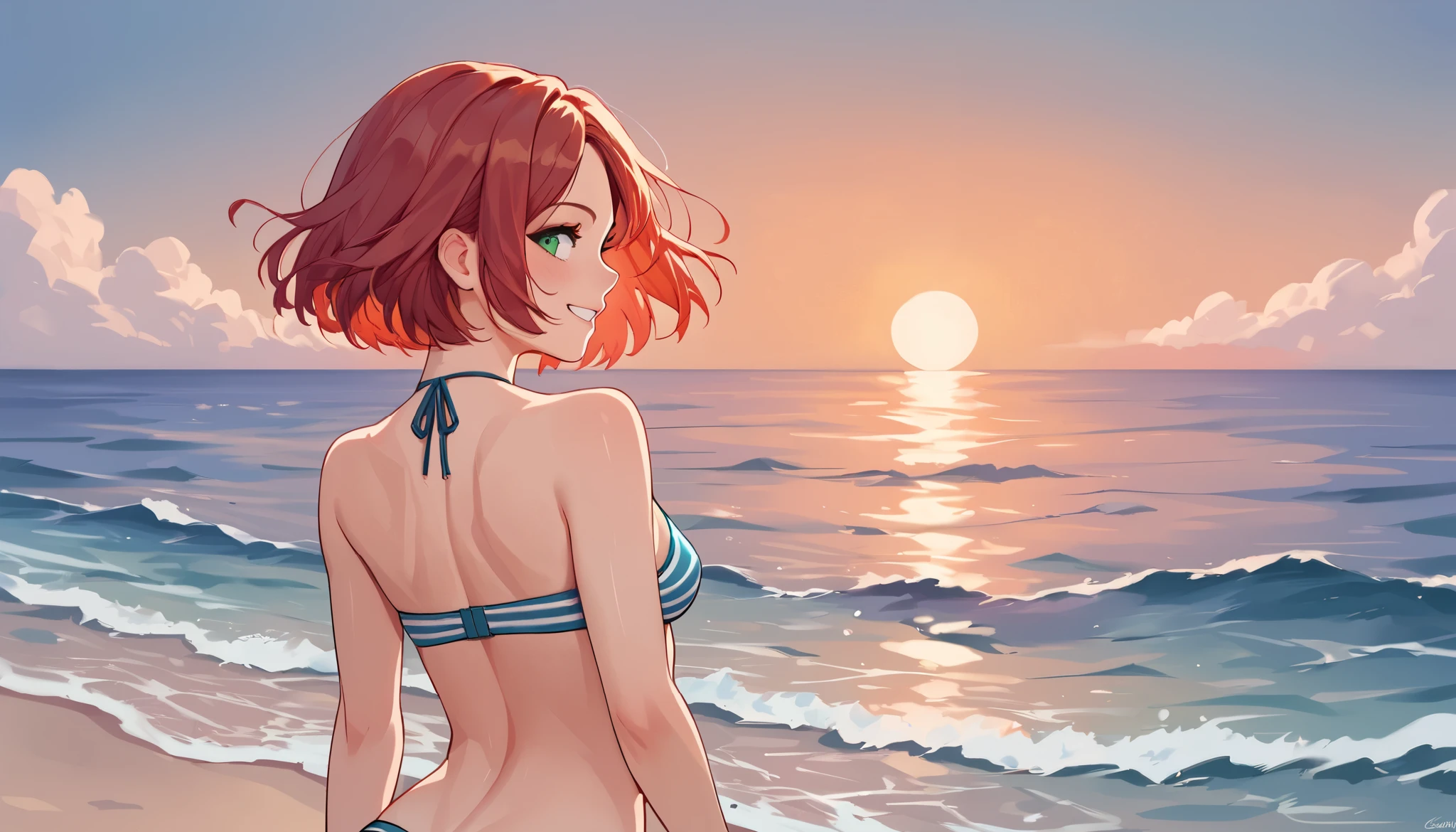 red hair girl looking towards the beach at sunset