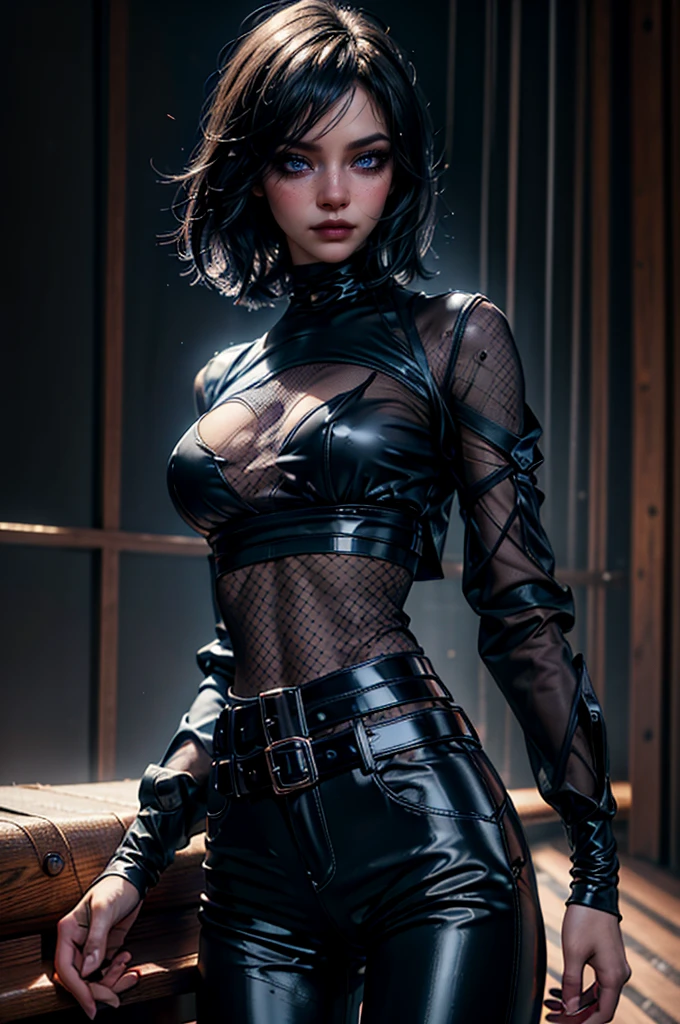 lora_Emma, perfecteyes eyes,cowboy shot,a pretty 21 year old girl,back hair,short hair, hair over one eye,blue eyes,lora_Emma,skinny body type, (((very long sleeved black mesh shirt))),(covered torso),(very high-waist black ultra glossy and shiny latex pants),(belt),empty studio,(best quality,4k,8k,highres,masterpiece:1.2),ultra-detailed,(realistic,photorealistic,photo-realistic:1.37),dramatic lighting,cinematic,fashion photography,studio lighting,high contrast,vivid colors,beautiful detailed eyes,beautiful detailed lips,extremely detailed eyes and face,long eyelashes