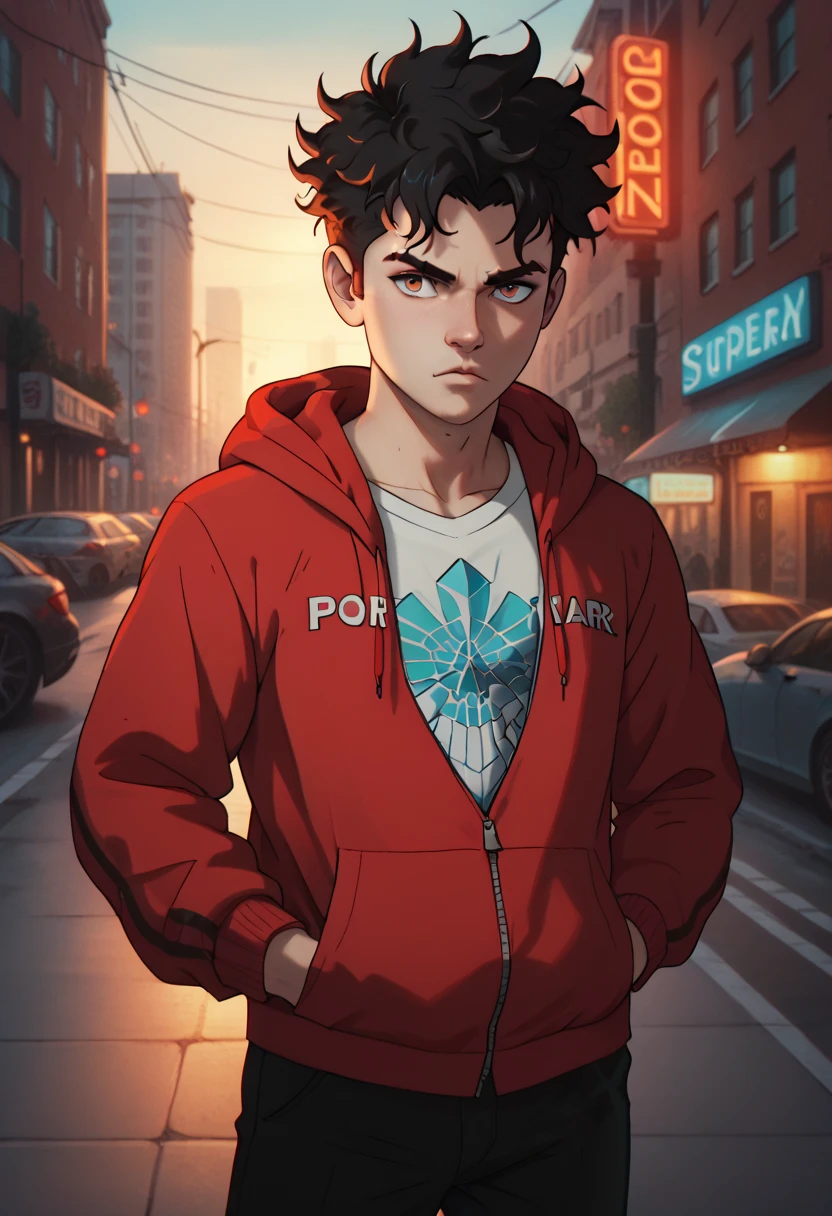 A serious-looking boy with messy dark hair, wearing a red hoodie, black pants, hands in pockets, pop art style, vibrant colors, dynamic composition, detailed facial features, high quality, cinematic lighting, dramatic shadows, neon effects, glowing elements, bold graphics, urban background