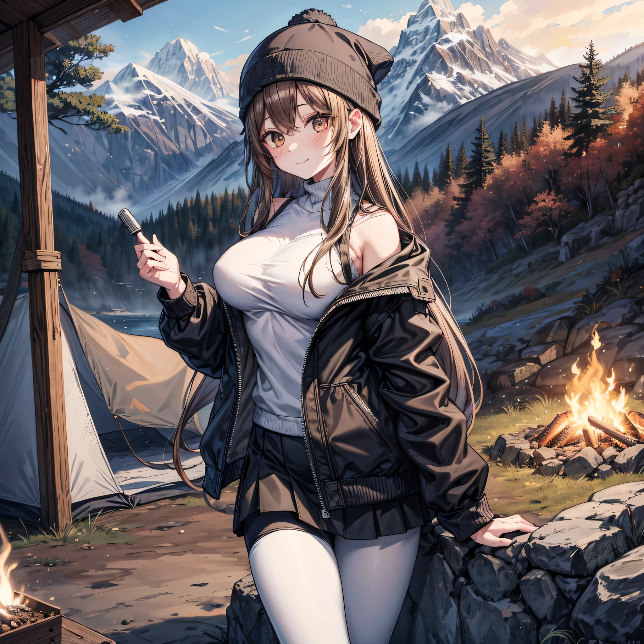 ( Masterpiece, 4k,  ultra high quality,  well detailed ), a beautiful woman next to a mountain enjoying a day of camping,  long hair , straight hair,  brown hair , brown eyes,  beautiful eyes , detailed face, Beautiful face,  smiley face,  big breasts , juicy breasts, ( shirtless ),  short skirt , black jacket, white beanie hat, leggings, autumn, camping tent, bonfire, background of a mountainous landscape 