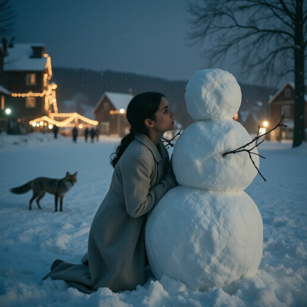 Photo sequence of a Beautiful girl flirting with a snowman under a serious snowstorm. She tries to kiss it. Hugging it around the neck, moved by a true immense love. The snowman transforms in a very beautiful young man. Hyper detailed scene, super traumatic, analog film perfect quality and graining. Some village lights in distance. Warm Christmas atmosphere. One fox looks the scene very touched.