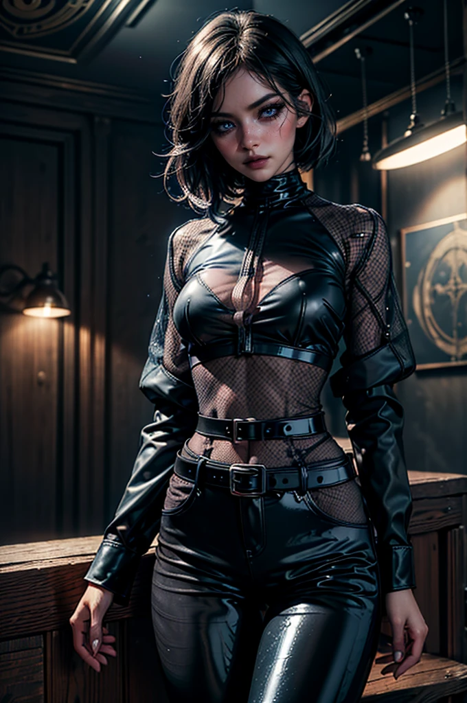 lora_Emma, perfecteyes eyes,cowboy shot,a pretty 21 year old girl,back hair,short hair, hair over one eye,blue eyes,lora_Emma,skinny body type, (((very long sleeved black mesh shirt))),(covered torso),(very high-waist black ultra glossy and shiny latex pants),(belt),empty studio,(best quality,4k,8k,highres,masterpiece:1.2),ultra-detailed,(realistic,photorealistic,photo-realistic:1.37),dramatic lighting,cinematic,fashion photography,studio lighting,high contrast,vivid colors,beautiful detailed eyes,beautiful detailed lips,extremely detailed eyes and face,long eyelashes