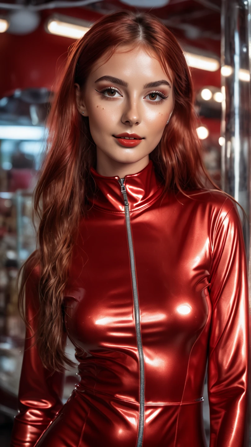  hyperrealistic beautiful buxom 20 year old woman with long legs in wet shiny metallic red latex high-neck mini dress with sneakers, model full body photography ,  natural red long straight hair , freckles, wet skin,  dark eye makeup with eyeliner ,  seductive smile ,  Small necklace , 8 k,  top quality ,  masterpiece fails,  extended ultra high resolution, (realism: 1.4), original photo, (Realistic skin structure: 1.3), (Film: 1.3), (Selfie shop), 1 girl,  Beautiful round hazel eyes and facial details ,  masterpiece fails,  top quality , studio photography
