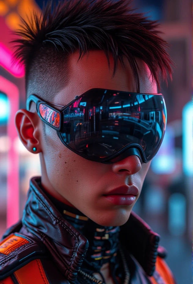 A close-up portrait of a futuristic character man with neon reflections . The scene is highly detailed and realistic, capturing the essence of futuristic aesthetics, with intricate elements like atmospheric lights.1 เด็กผู้หญิง, 1 เด็กผู้หญิง, 1 เด็กผู้หญิง, 