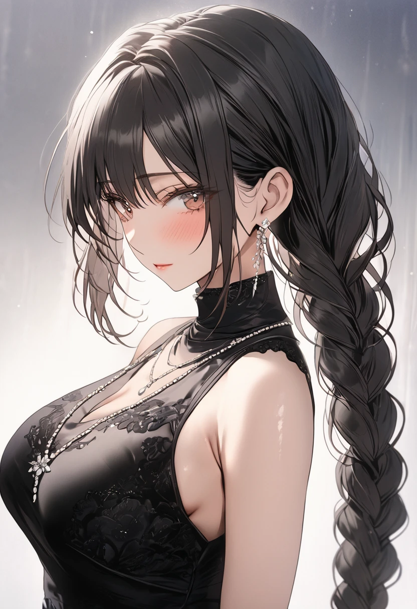 ((highest quality)), ((masterpiece)), (detailed), (one girl), sexy, height 168 and bust 120 cm, busty housewife, mature woman, black hair braided, a mother with warm gentle eyes, ((calm expression)) looking at viewer with gentle eyes, black sleeveless turtleneck, a delicate thin simple diamond necklace, back ground is overcast sky