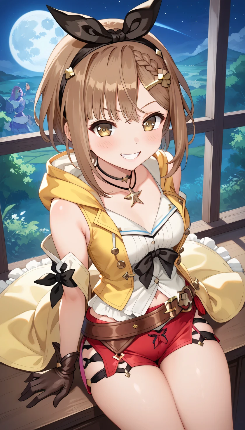 high resolution, (alchemy), Liza's room, Very young Liza 、 Atelier Ryza , (the girl is Dwarf size), four-headed body、(grin), the girl is young, , Crouch down, short, the girl has small breasts, (very thin waist), Thin arms、slender body, (the girl is cute), brown hair, straight short Hair, (Lizarin =Stout ), yellow sleeveless jacket with hood、natural shirt with open chest、 choker with star、Leather gloves、 headband with black bow、red short shorts, Brown belt, jitome, night, (Sexy ta ) , (the girl is appealing toher thighs)、 Highlight Thighs、Venus flytrap、temptation, girl worship、 from above、
