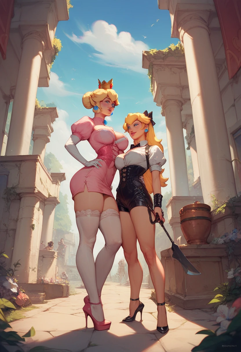 " highly detailed and vibrant illustration of Princess Peach from Super Mario Bros., reimagined with an adult, mature feel. She is supposed to be wearing a small gold crown adorned with intricate designs and a matching gold necklace with a crown-shaped pendant. Princess Peach must be dressed in a small red bikini, displaying a sexy and athletic physique and with a slightly bodybuilder fitness tone. The setting must be inspired by the Super Mario Bros universe, incorporating elements such as mushrooms, green dry sewer pipes and a whimsical background, yet sophisticated. a balance of elegance and allure, with a focus on detailed textures, lighting and shading to enhance realism and overall depth."