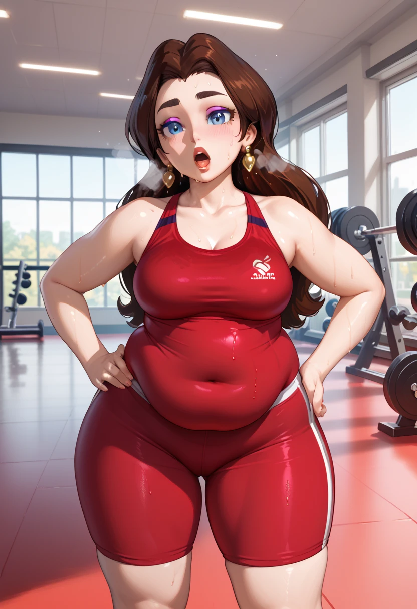 Pauline, Earrings, makeup, long brown hair, blue eyes, thick eyebrows, medium breasts, FACING VIEWER, gym background, gym concept, sport skirt, she is sporting, GYM, sweating profusely, exhausted, breathing, open mouth, steam coming out of her mouth, tight red gym shorts, tight red gym tank top, hands on hips, dripping sweat, dripplits of sweat on the floor, puddle of sweat, thick, obese, soft belly, chubby, wide hips, sexy hips, half body, big belly, thicc thighs