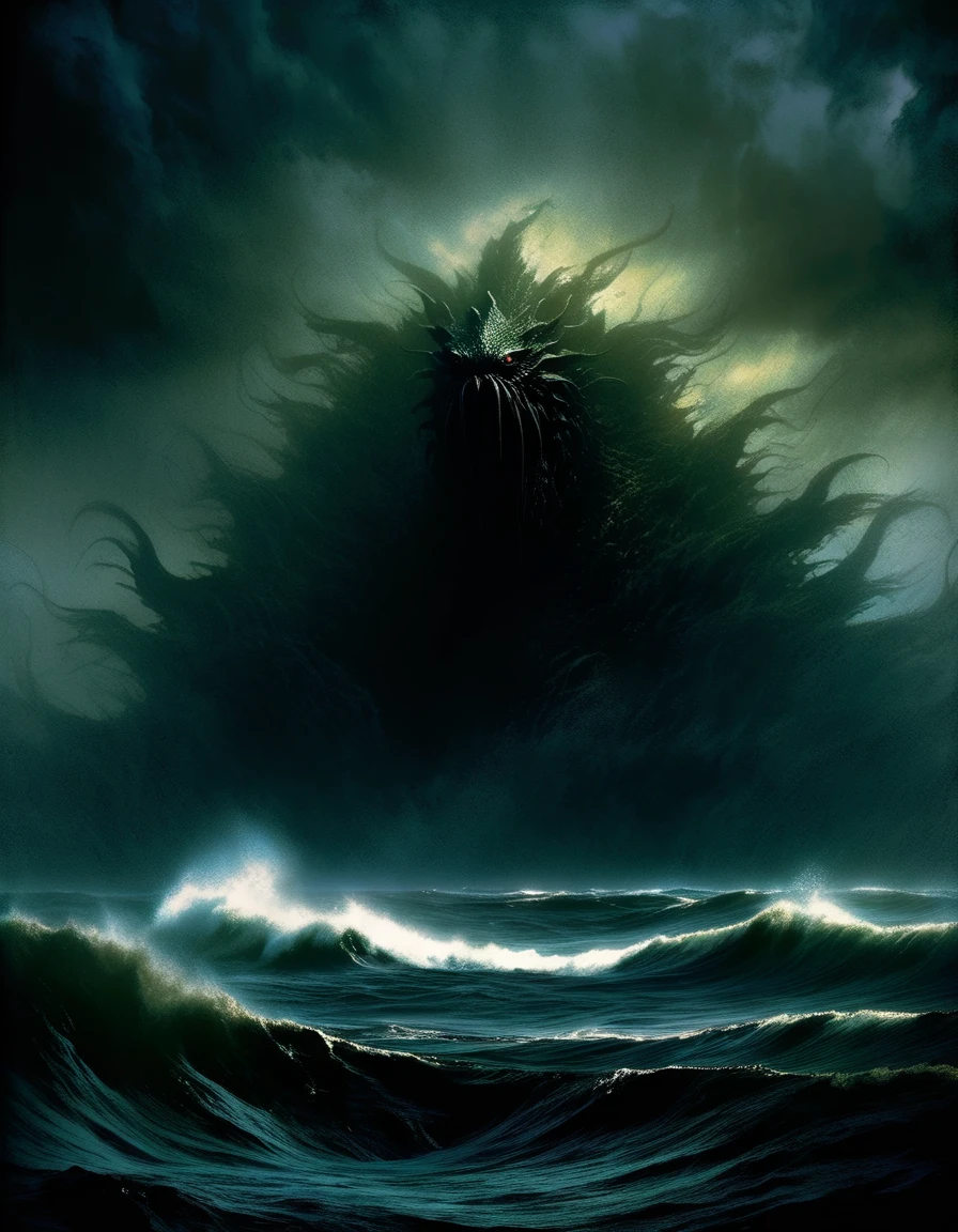 a massive sea monster emerging from dark, stormy ocean waves, sunlight barely peeking through ominous clouds, dark and moody horror atmosphere, art inspired by Bill Sienkiewicz and Dave McKean, cinematic lighting, dramatic composition, hyper-detailed, intricate textures, moody color palette, chiaroscuro lighting, digital painting, concept art