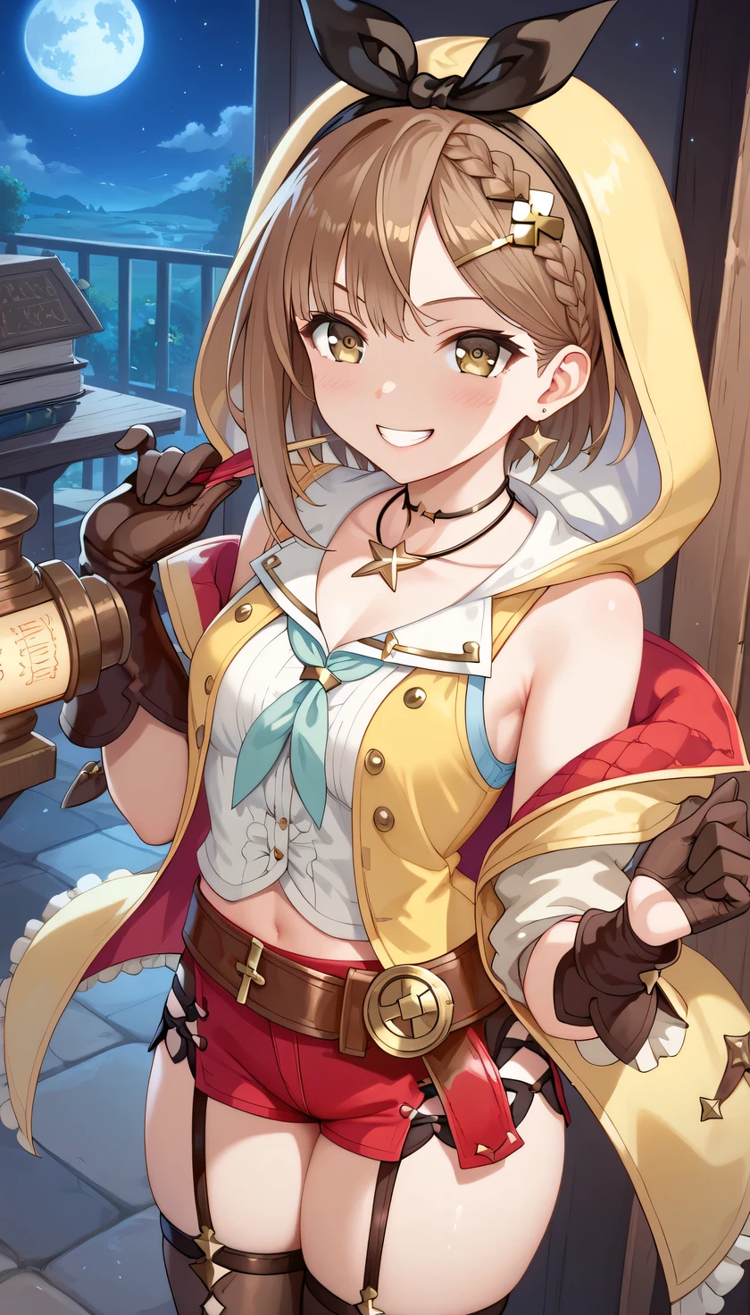high resolution, (alchemy), Liza's room, Very young Liza 、 Atelier Ryza , (the girl is Dwarf size), four-headed body、(grin), the girl is young, , Crouch down, short, the girl has small breasts, (very thin waist), Thin arms、slender body, (the girl is cute), brown hair, straight short Hair, (Lizarin =Stout ), yellow sleeveless jacket with hood、natural shirt with open chest、 choker with star、Leather gloves、 headband with black bow、red short shorts, Brown belt, jitome, night, (Sexy ta ) , (the girl is appealing toher thighs)、 Highlight Thighs、Venus flytrap、temptation, girl worship、 from above、