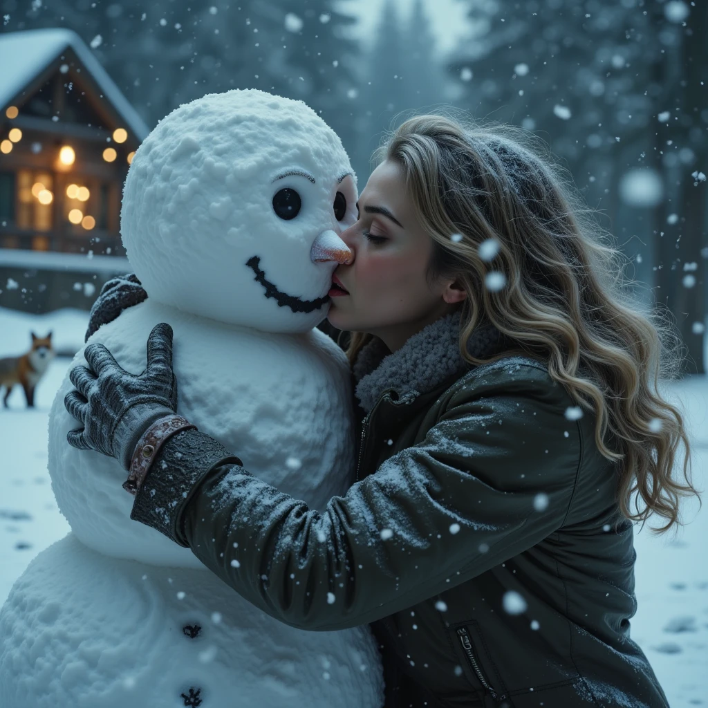 Rachel Weisz flirting with a snowman under a serious snowstorm. She tries to kiss it. Hugging it around the neck, moved by a true immense love. The snowman transforms in a very beautiful young man. Hyper detailed scene, super traumatic, analog film perfect quality and graining. Some village lights in distance. Warm Christmas atmosphere. One fox looks the scene very touched.