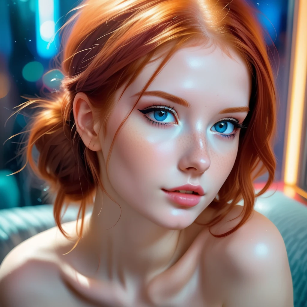 telegenic 20 years old young woman, by Posuka Demizu and Peter Wileman, sparkling eyes, blush, redhead,