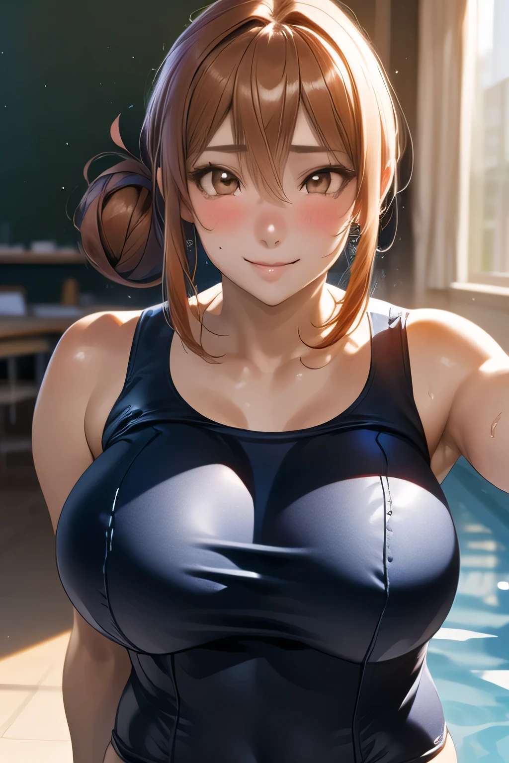  ( highest resolution:1.2)、(: 1.2), 8k resolution、  high-definition facial and skin textures, Cinematic Light、Perfect physique、  Brown Eyes  、( blushing smile when entering the water)、 open your mouth、((  long brown hair :1.3))、(( realistic texture :1.3))、(( school swimsuit :1.3))、Indoor swimming pool、( very large breasts)、 big earrings、  black skirt  、 Window 、( Random Poses:1.2))、(( Upper Body Closeup:1.2))、slender, yuigahama_mother_a