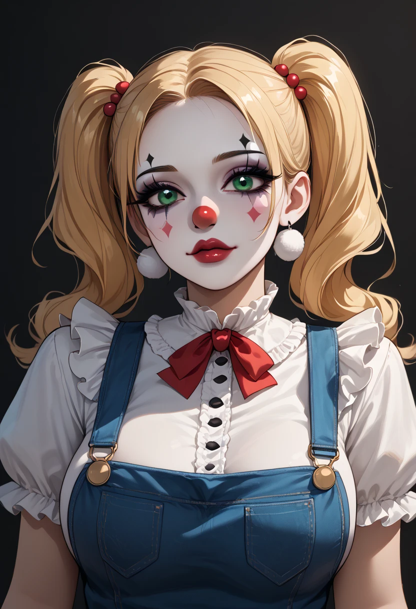 (((beautiful, high quality))), upper Body, score_9, score_8_up, score_7_up, 
looking at the viewer, posing, 
Clown, Clown makeup, clown costume, black and white clown costume, mime makeup, 1girl, long blonde hair, green eyes, soft pink lips, long pigtails, red clown nose, round breasts, white frilly collared up shirt, long frilly sleeves, rainbow makeup, short rainbow skirt, rainbow overalls, pom pom earrings
dark background, blurred background,