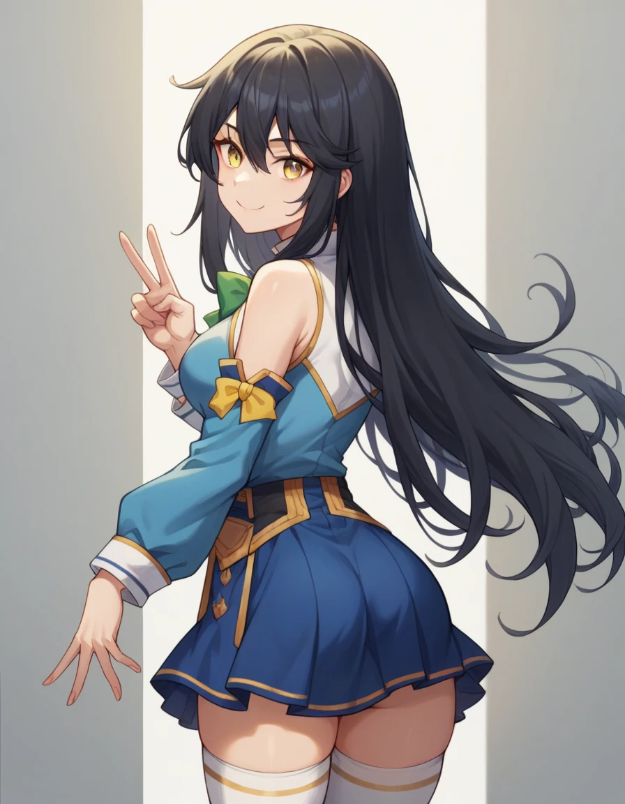 masterpiece, (((highest quality, perfect anatomy))), (cowboy shot, bright, BREAK 

(((standing, sticking out the butt, from behind, from bellow, hip focas,))) BREAK miko yotsuya, long hair, bangs, black hair, hair between eyes, yellow eyes, medium breasts, BREAK skirt, shirt, thighhighs, bare shoulders, detached sleeves, white thighhighs, blue skirt, blue shirt, green bow, BREAK looking at the viewer, smile, peace sign, 