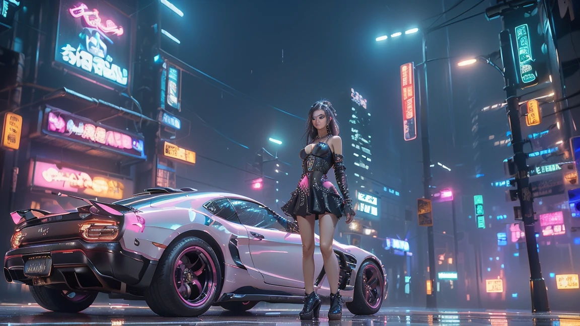 (Realistic:1.3, 16k, highest quality, masterpiece, Ultra-high resolution), ((light rain, From below)), Perfect dynamic composition:1.2, (Modern futuristic city at night, Expressions of sadness:0.5, retrowave art background retrowave car, Highly detailed skin and facial textures:1.2, Young Japanese Woman, Incredibly slim body, Fair skin, Sexy beauty, Very beautiful face, beautifully、aesthetic, (Pink tight skirt, Wear cyberpunk clothes), (Shapely breasts, Chest gap), (Big eyes that exude beautiful eroticism, Lips that exude beautiful eroticism), necklace, Earrings, bracelet, wedding ring, Shoulder bag, clock, sunglasses, retrowave art background retrowave car Cowboy Shot