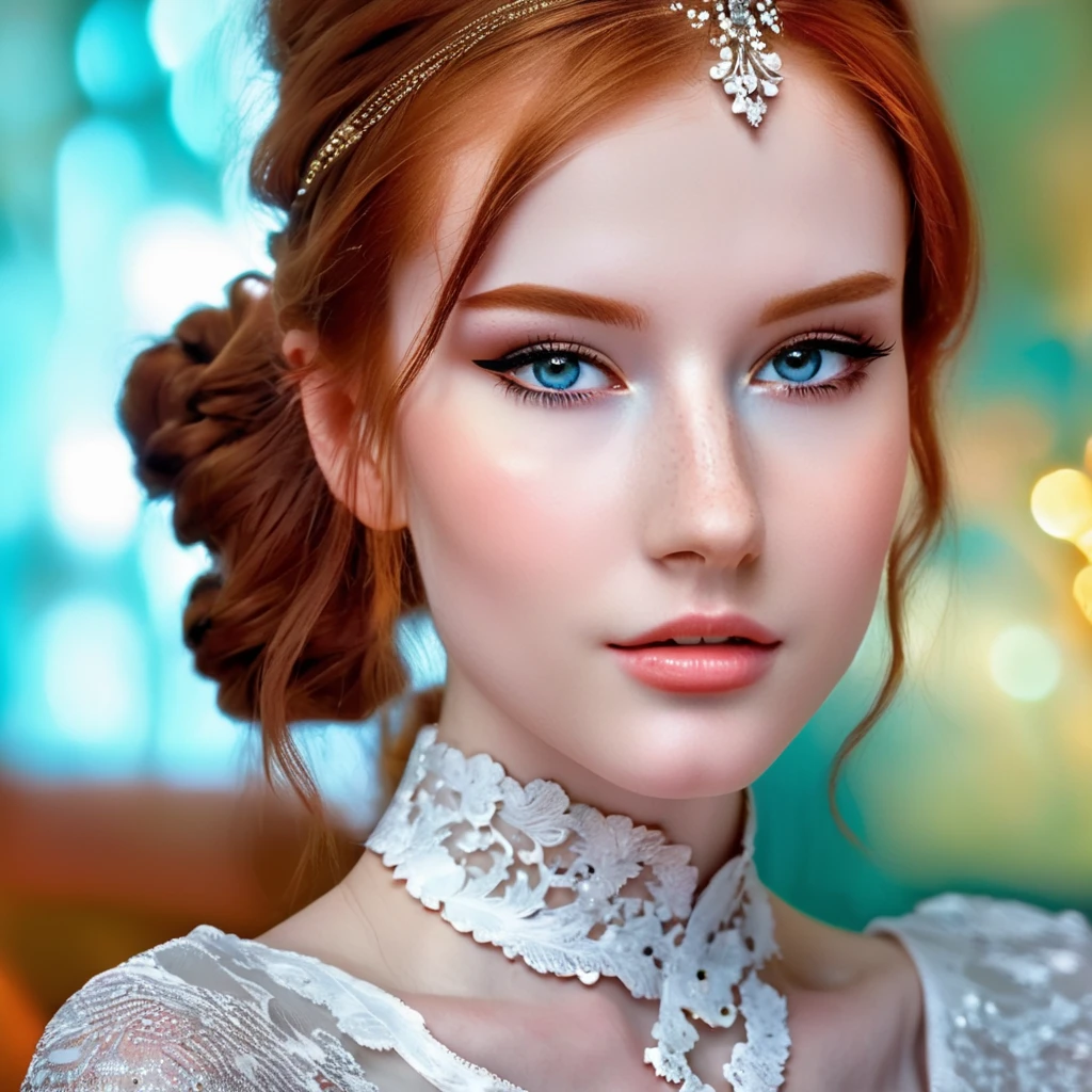 telegenic 20 years old young woman, by Posuka Demizu and Peter Wileman, sparkling eyes, blush, redhead,