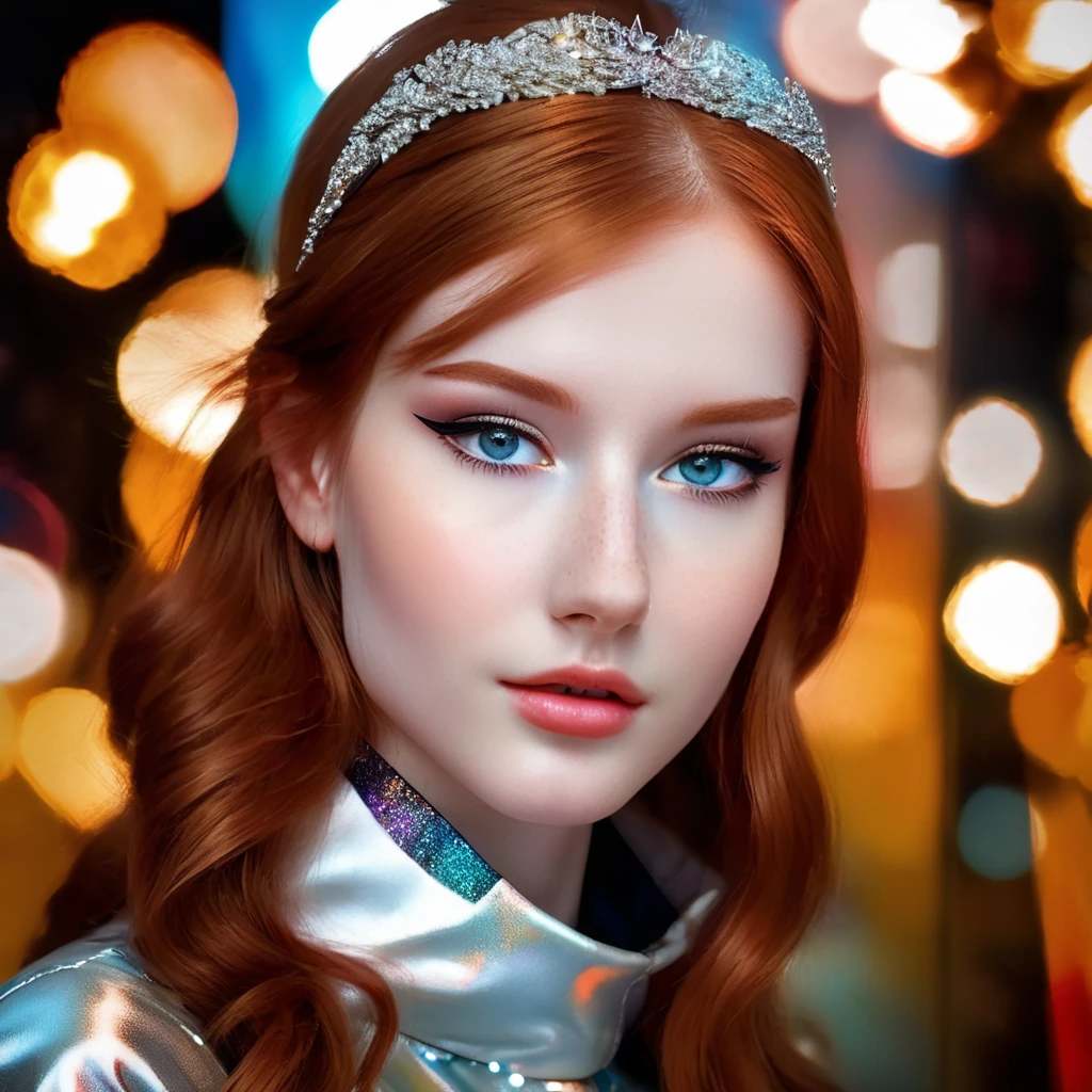 telegenic 20 years old young woman, by Posuka Demizu and Peter Wileman, sparkling eyes, blush, redhead,