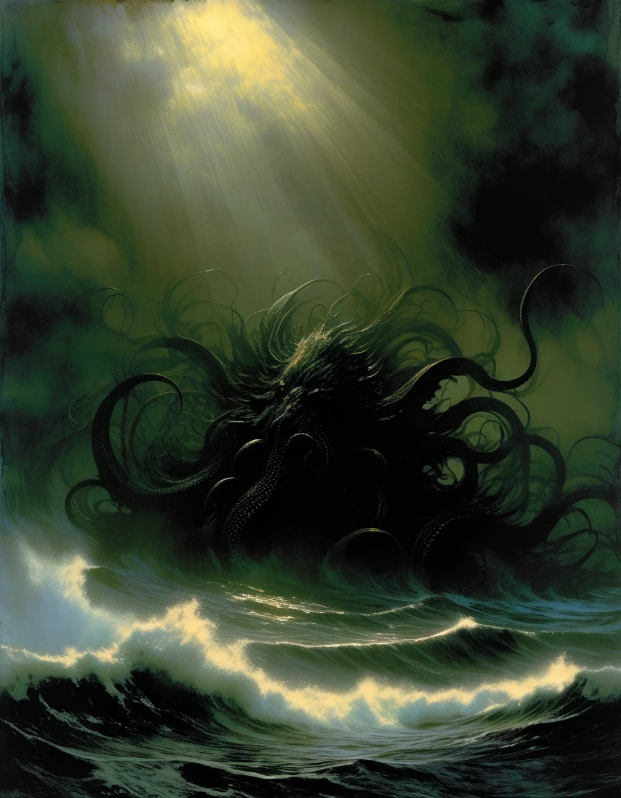 a massive sea monster with tentacles emerging from dark, stormy ocean waves, sunlight barely peeking through ominous clouds, dark and moody horror atmosphere, art inspired by Bill Sienkiewicz and Dave McKean
