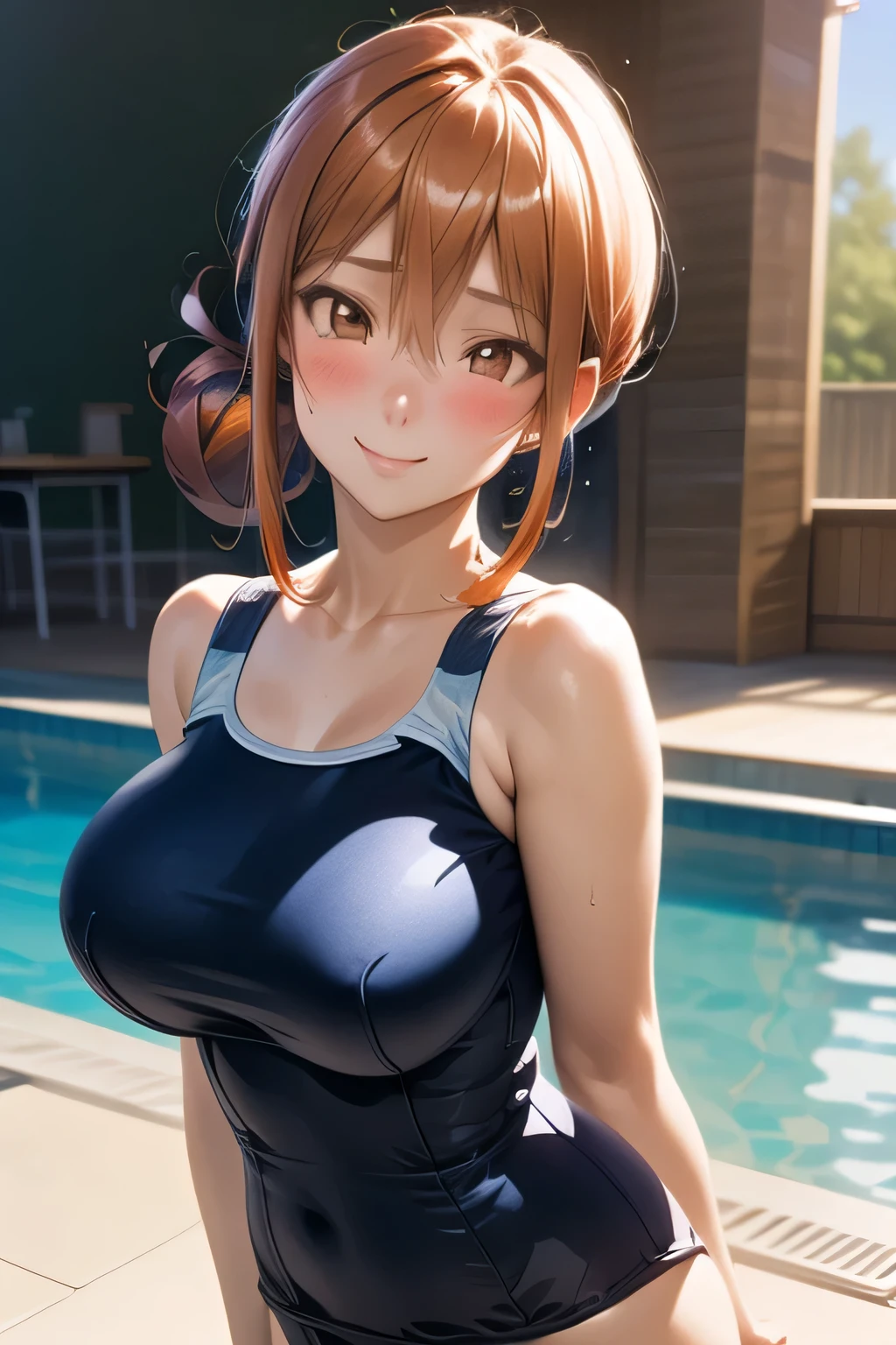  ( highest resolution:1.2)、(: 1.2), 8k resolution、  high-definition facial and skin textures, Cinematic Light、Perfect physique、  Brown Eyes  、( blushing smile when entering the water)、 open your mouth、((  long brown hair :1.3))、(( realistic texture :1.3))、(( school swimsuit :1.3))、Indoor swimming pool、( very large breasts)、 big earrings、  black skirt  、 Window 、( Random Poses:1.2))、(( Upper Body Closeup:1.2))、slender, yuigahama_mother_a