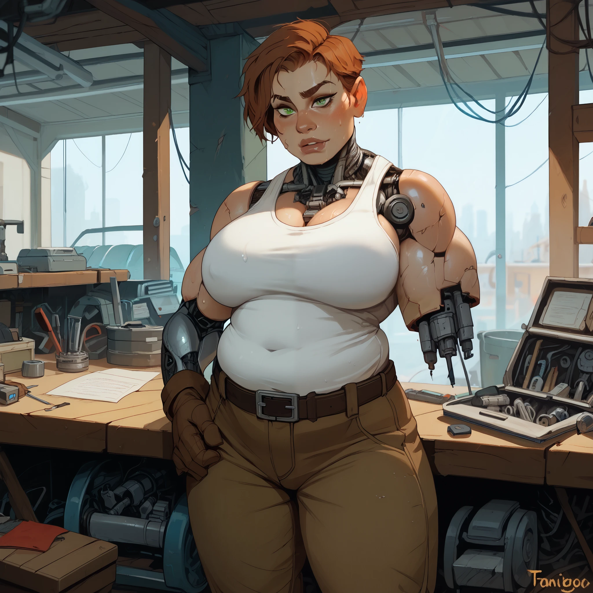 Young woman, short hair, tomboy, athletic, buff, big arms, chunky, green eyes, large breasts, wide hips, muscular, chubby, gray tank top, sweaty, baggy cargo trousers, tool belt, brown leather gloves, workshop, mechanic, robot workshop, (incase:0.35), cracked arm, damaged neck, cyborg