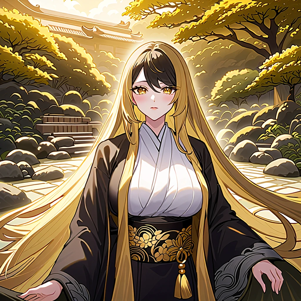 1 woman. long hair. black fading into gold hair, black and gold hair. tall. busty. dressed in a Japanese haori and hamaka. peaceful and stoic in a zen garden. intricate and detailed gold eyes. pale white skin.