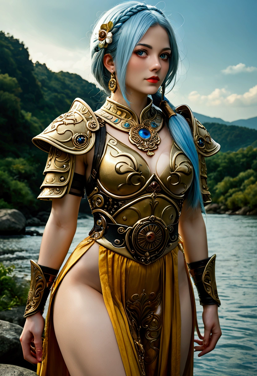 ((best quality, realistic photo, RAW photo, detailed skin and eyes, beautiful mature, 30yo, beautiful makeup, natural light)), (loose gold metallic full armor), necklace, cowboy shot, sitting, female_orgasm, light blue side braid long hair, (detailed bang), (Waterfall background)