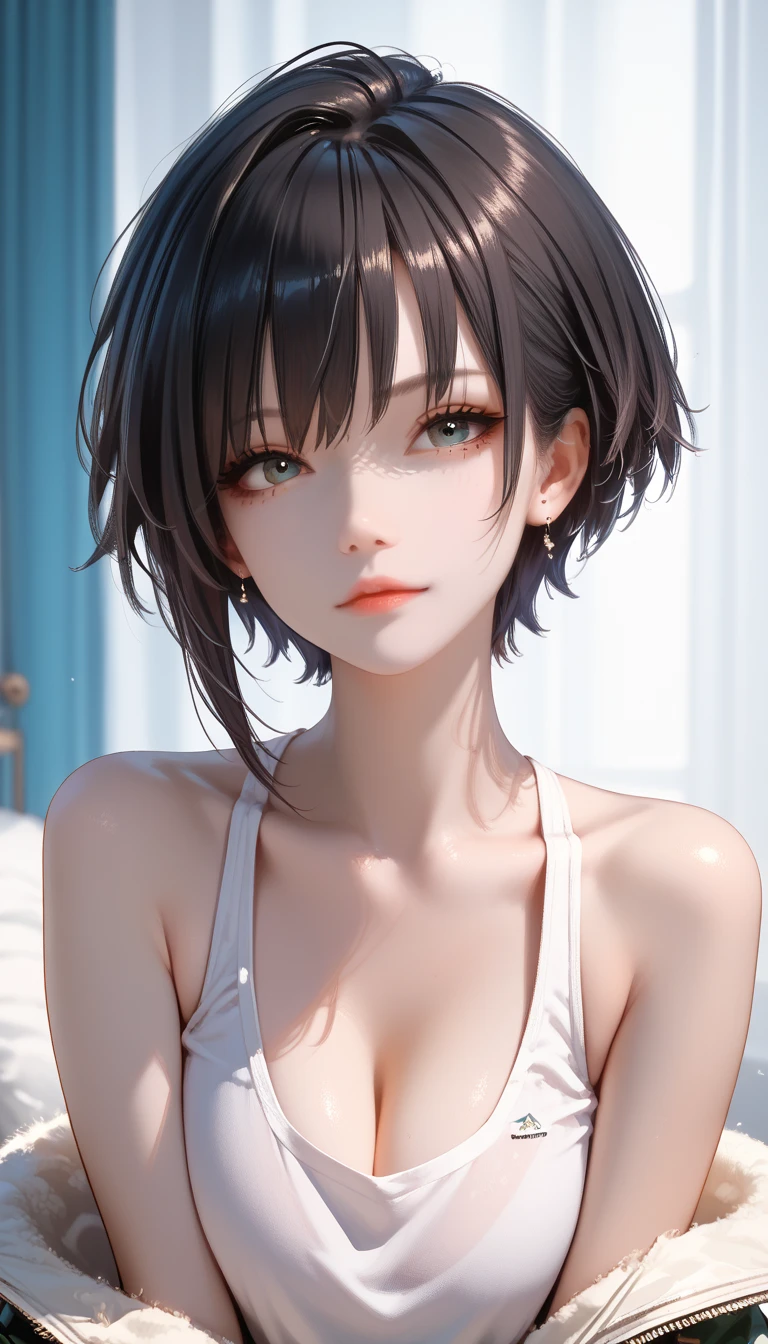 (masterpiece:1.3), (8k, photorealistic, RAW photo, best quality: 1.4), (1girl), beautiful face, (realistic face), (black hair, short hair:1.3), Nice hairstyle，Realistic Eyes，Nice detail eyes，（Realistic Skin），Beautiful Skin，（Lingerie），Ridiculous，attractive，Ultra high Resolution，an ultra realistic，RAWExtremely detailed，golden proportions，全身写真