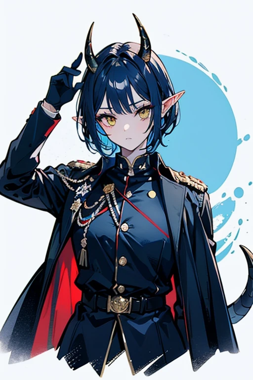 Thick Painting Illustration,  one woman,soldier,Reptile Tail ,Black Tail,  black horn,There are 2 black horns ,  blue shorthair with 2  black horns ,  elf ears, blue hair,Yellow Eyes,Blue military uniform,Red Cape,White Skirt,Camera from the front, front,Cut with upper body , simple background