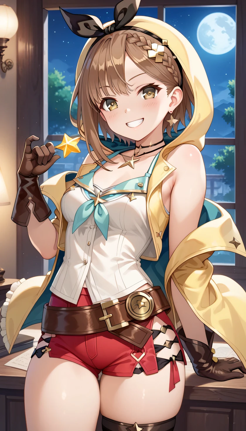 high resolution, (alchemy), Liza's room, Very young Liza 、 Atelier Ryza , (the girl is Dwarf size), four-headed body、(grin), the girl is young, , Crouch down, short, the girl has small breasts, (very thin waist), Thin arms、slender body, (the girl is cute), brown hair, straight short Hair, (Lizarin=Stout ), yellow sleeveless jacket with hood、natural shirt with open chest、 choker with star、Leather gloves、 headband with black bow、red short shorts, Brown belt, jitome, night, (Sexy Lolita) , (the girl is appealing toher thighs)、 Highlight Thighs、Venus flytrap、temptation, girl worship、