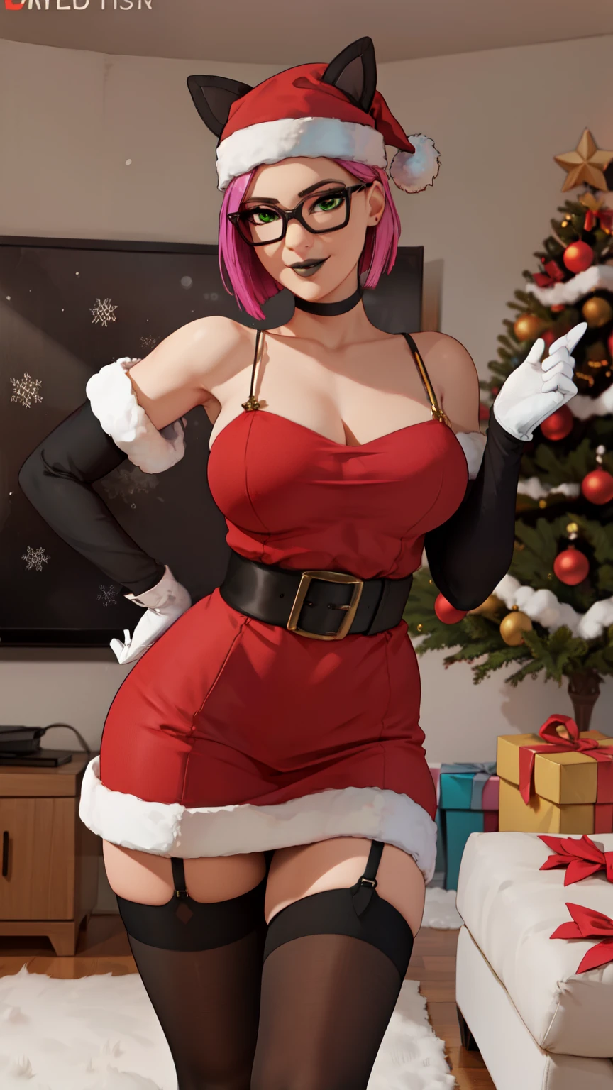realisitic, top-quality, 1womanl, Mature, ((red blush)), perspiring, Santa Cap, Purple Bob Hair, (Protruding tongue), ((Santa Claus Costume))、Black PVC gloves, large full breasts,  双臂在头后