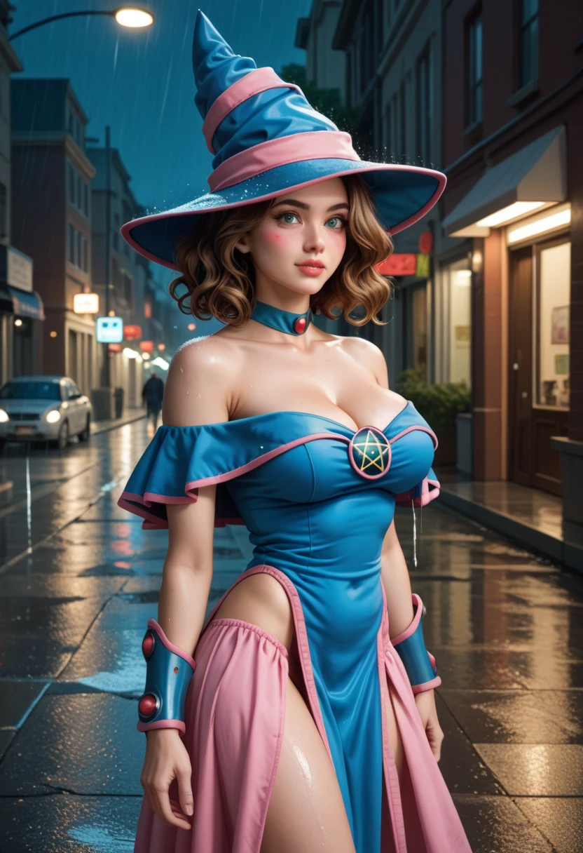 (masterpiece, best quality, very aesthetic, ultra detailed), intricate details, 4k, aadmg, medium bob wavy hair, brown hair, hat, thicc milf body, blue headwear, green eyes, blush stickers, large breasts, choker, bare shoulders, cleavage, blue dress, pentacle, vambraces, pelvic curtain, pink skirt, street, night, from side, rain, wet, looking at camera 