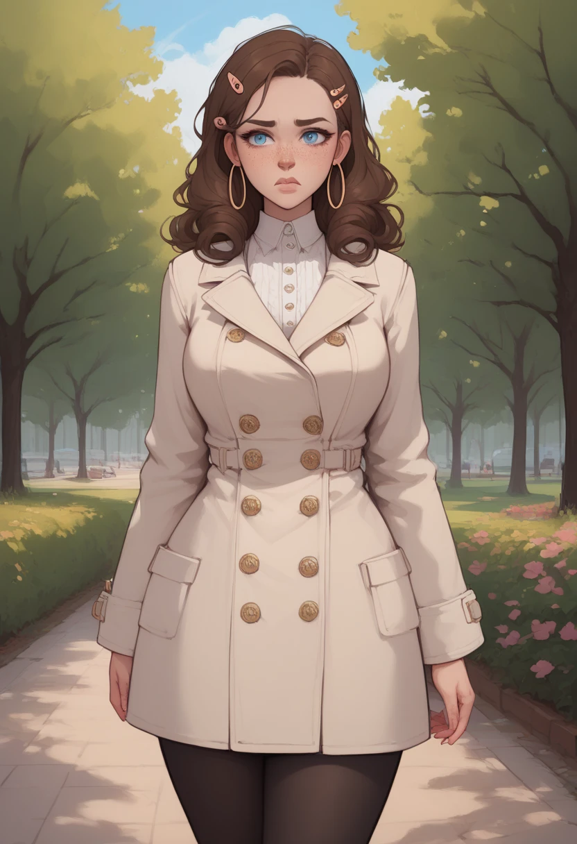 1girl, solo, masterpiece, best quality, (anime art style:1.0), long curly brown hair, blue eyes, soft pink lips, silver hoop earrings, round breasts, pink long trench coat with gold buttons, pouting, black leggings, walking through a suburban park/background, painted pink fingernails, hair clip accessories, freckles, cute girl