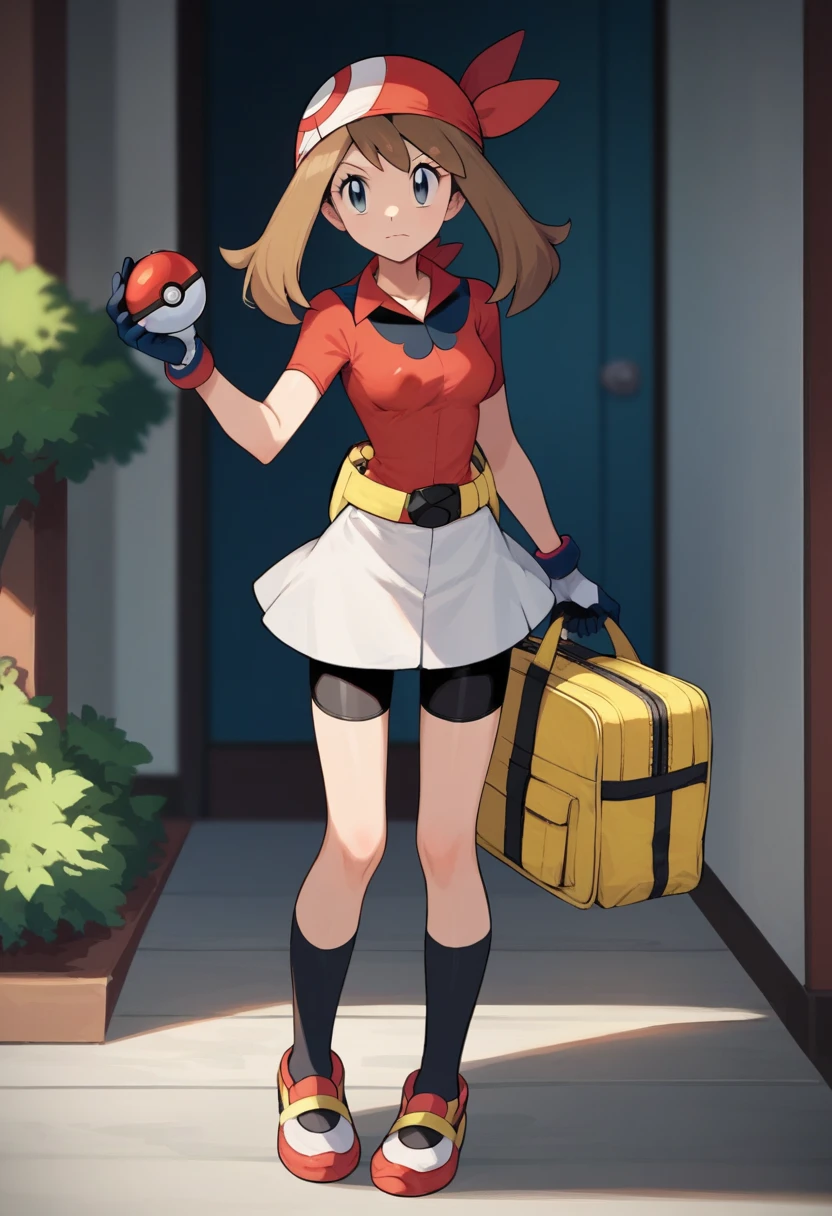 masterpiece,best quality, highly detailed, score_9, score_8_up, score_7_up, score_6_up,source_anime, BREAK may, 1girl, may (pokemon), solo, gloves, bandana, brown hair, holding poke ball, poke ball, holding, standing, bike shorts, black socks, short sleeves, red bandana, grey eyes, shirt, skirt, white skirt, socks, red shirt, full body, fanny pack, closed mouth, shoes, poke ball (basic), bangs, yellow bag, collared shirt, knees, long hair, shorts,,nsfw exposed breast,, nipples out
