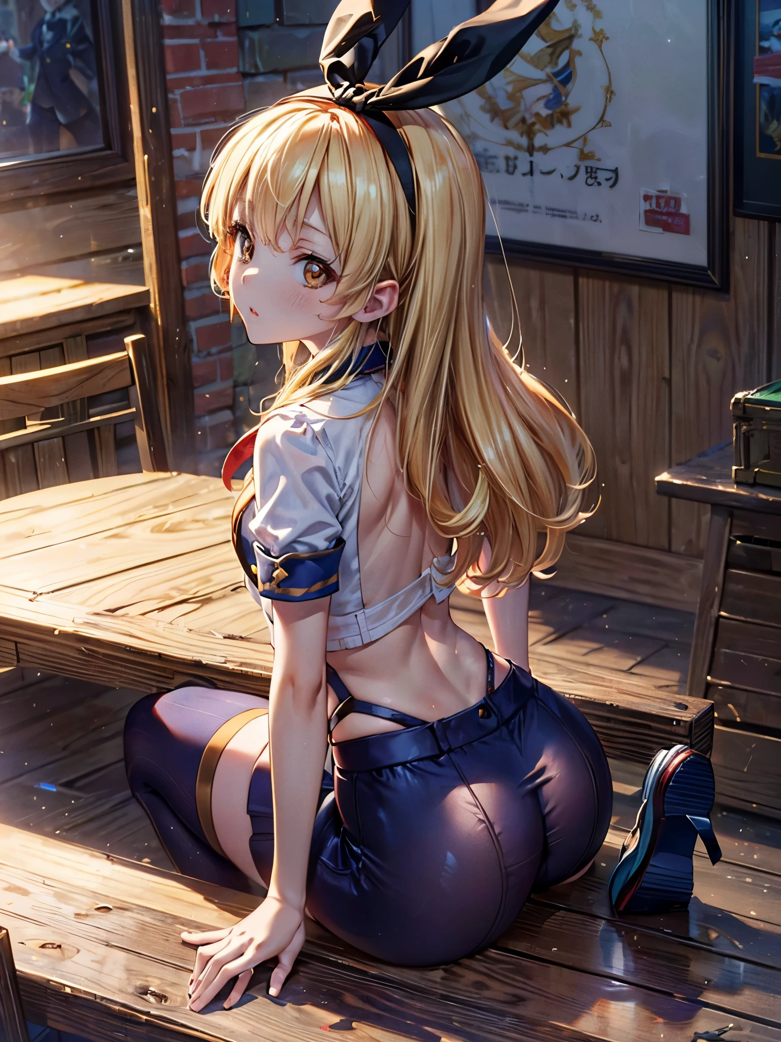 (masterpiece, highest quality, Very detailed, Super detailed, High resolution, Absurd, 4K, 8k:1.2), 
break,shimakaze uniform:1.5,  girl,blonde_hair,(RED Ribbon on hairband:1.2),White tights, Hoshimiya Ichigo,,Get on all fours,((Ass Focus, Hip Focus)),arched back,Recall