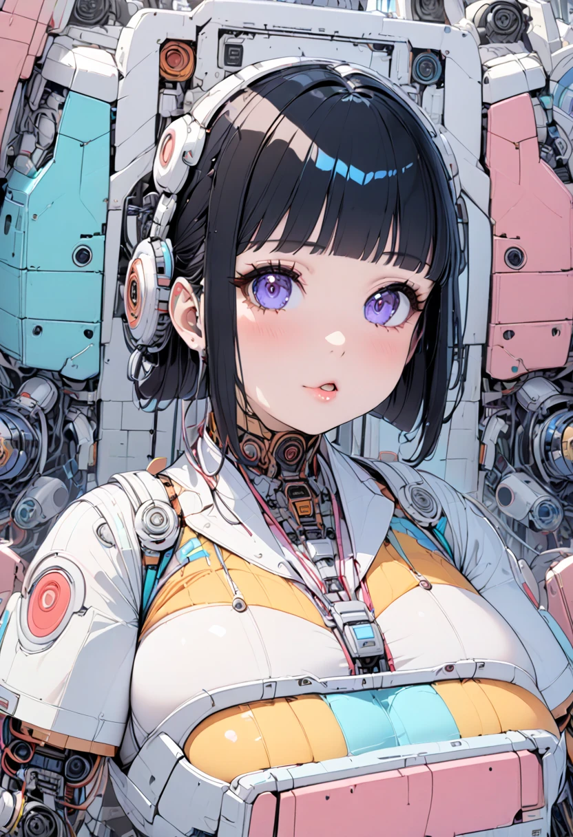 masterpiece, best quality, extremely detailed,portrait,front view,Japaese android girl,Plump,pastel color uniform, control panels,android,Droid,Mechanical Hand, Robot arms and legs,Blunt bangs,broken neck