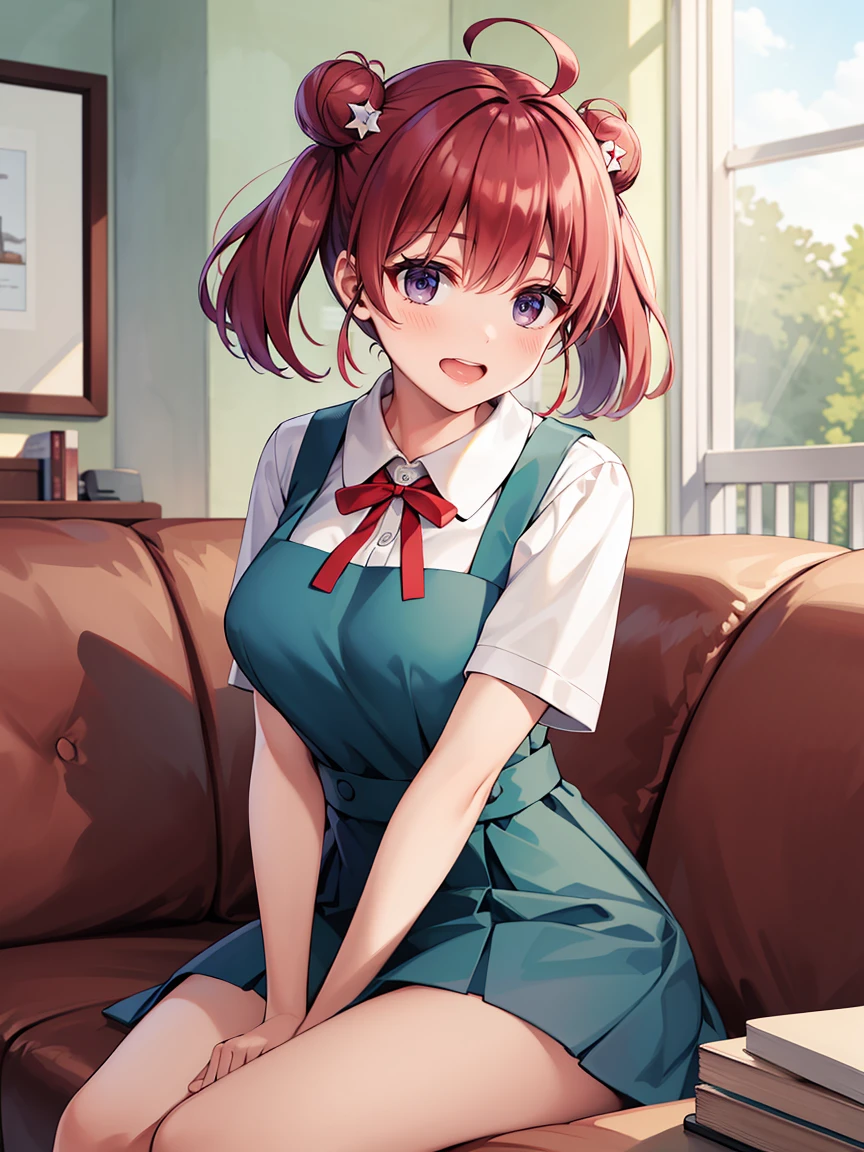 masterpiece, best quality, highres, 1girl, solo, short hair, red hair, short twintails, double bun, ahoge, hair ornament, purple eyes, large breasts, school uniform, neck ribbon, white shirt, pinafore dress, short sleeves, sitting, room, smile, open mouth, sofa