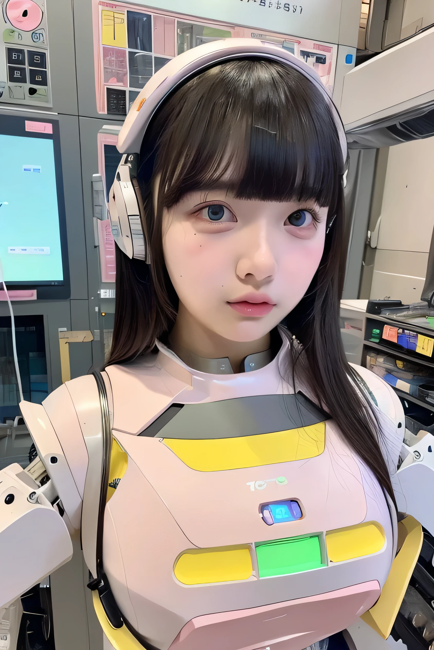 masterpiece, best quality, extremely detailed,portrait,front view,Japaese android girl,Plump,pastel color uniform, control panels,android,Droid,Mechanical Hand, Robot arms and legs,Blunt bangs,broken neck