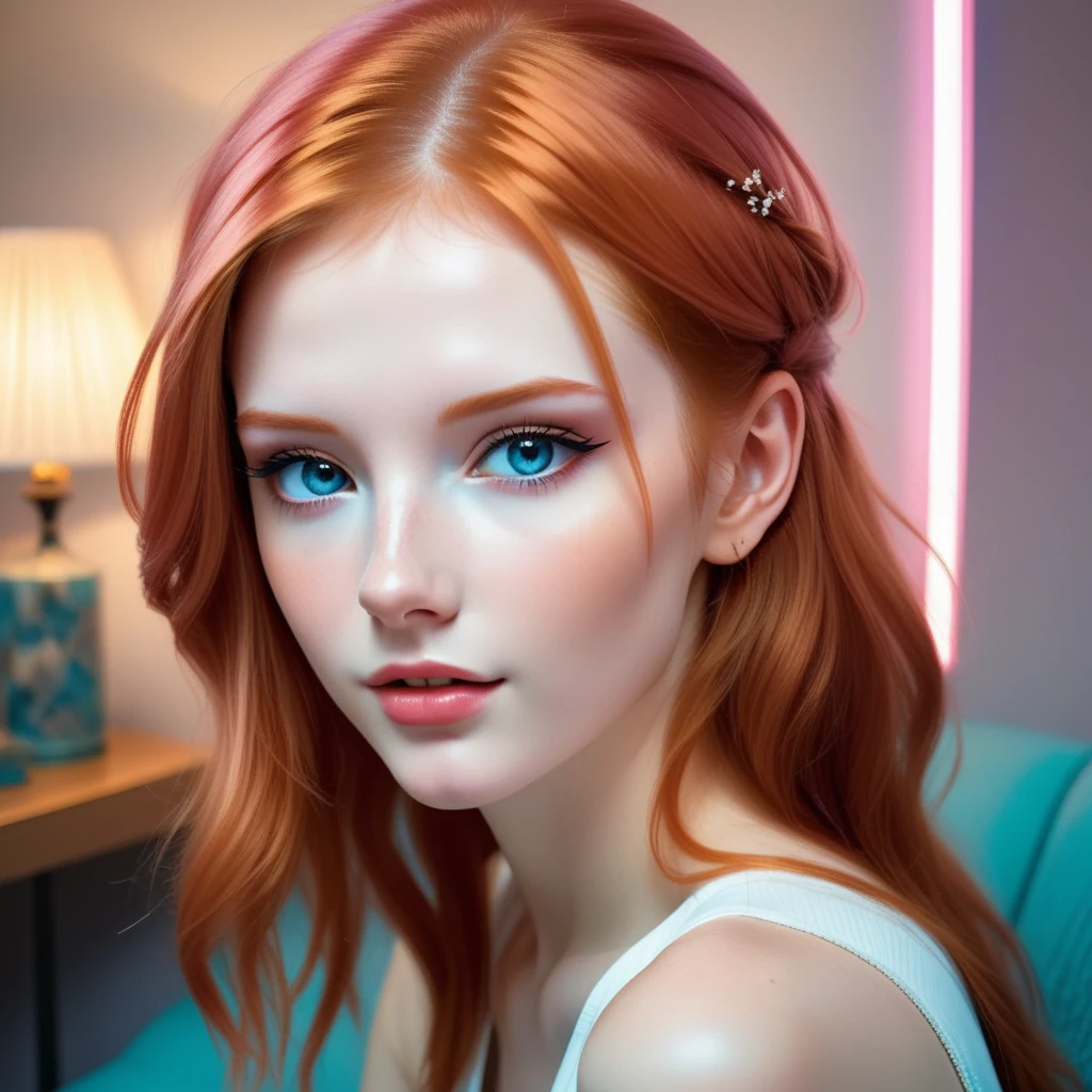 telegenic 20 years old young woman, by Posuka Demizu and Peter Wileman, sparkling eyes, blush, redhead,